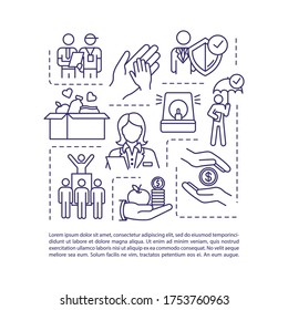 Human welfare concept icon with text. Help for family in need. Charity support. Social service. PPT page vector template. Brochure, magazine, booklet design element with linear illustrations