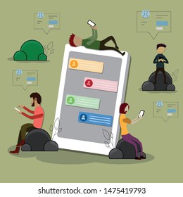 Human were using their smartphones, Smartphone was showing with chatting application - vector Illustration 