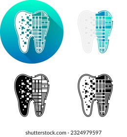 Human White Molar Tooth, Dental Care, Orthodontic, Cybernetic Futuristic Medical Technology Icon Design, Set of Flat Long Shadow, Black-White Silhouette, Material Isolated on White Background
