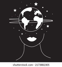 Human woman head. Galaxy in the mind. Planet in the head. Globe and stars. Black and white. Black background. Line drawing.