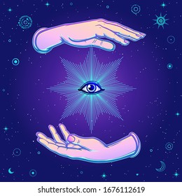 Human women's hands hold the divine all-seeing eye. Magic, alchemy, occult, spirituality.  Vector illustration. Background - night star sky. Print, poster, T-shirt, postcard.
