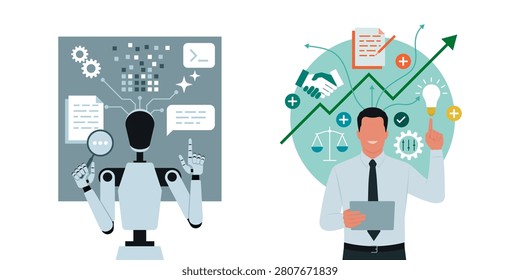 Human worker and AI robot tought and performance comparison, efficiency and creativity