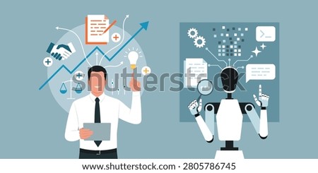 Human worker and AI robot tought and performance comparison, efficiency and creativity