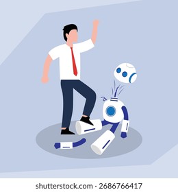 Human Worker Defeating AI Robot, Concept of Human Triumph Over Automation and Technology 2d flat vector illustration
