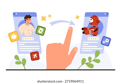 El perfil del trabajador humano que se cambia al avatar del robot destaca la automatización de la inteligencia artificial que reemplaza los trabajos en la tendencia moderna de la tecnología del lugar de trabajo aislada en la Ilustración vectorial del fondo blanco
