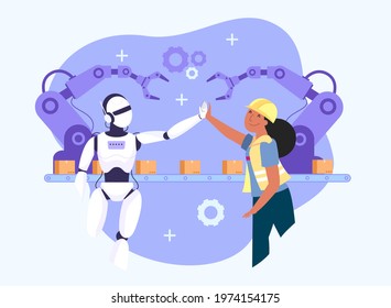 Human worker and robot giving high five with working in procuction convoyed in the smart factory industry 4.0, high tech machinery, isolated flat illustration