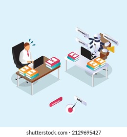Human worker versus Multitasking robot worker isometric 3d vector concept for banner, website, illustration, landing page, flyer, etc.