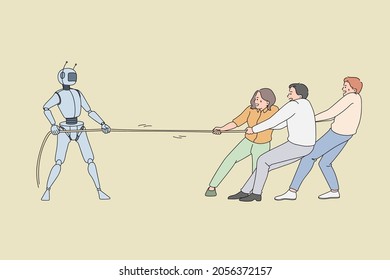 Human workers pulling the rope against robotic worker. Vector concept illustration of fighting between artificial intelligence technology and business people.