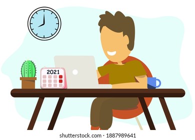 human working at home office. looking computer Talking with Colleagues Online.