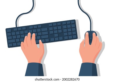 Human working on the computer. Hands on the keyboard and mouse. Programmer, blogger, freelancer, designer, office employee. Template for design. Vector illustration flat style.