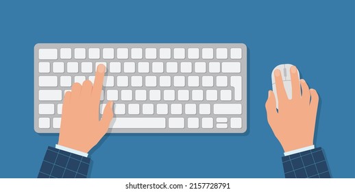 Human working on the computer. Hands on the keyboard and mouse. Programmer, blogger, freelancer, designer, office employee. Template for design. Vector illustration flat style Eps 10