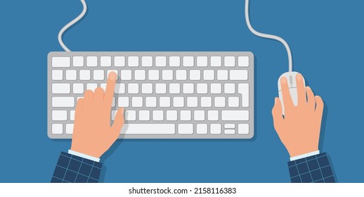 Human working on the computer. Hands on the keyboard and mouse. Programmer, blogger, freelancer, designer, office employee. Template for design. Vector illustration flat style Eps 10