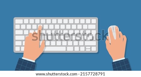 Human working on the computer. Hands on the keyboard and mouse. Programmer, blogger, freelancer, designer, office employee. Template for design. Vector illustration flat style Eps 10