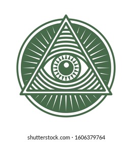 Human world eye in engraved style. One global color.
Illuminati logo, world order symbol all-seeing eye of providence. Masonic Lodge vector illustration isolated on white background.