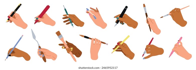 Human writing hands. Arms hold pencils, markers, pens and brushes, different skin colors, artists, writers stationery, office supplies, cartoon flat style isolated tidy vector hobby set