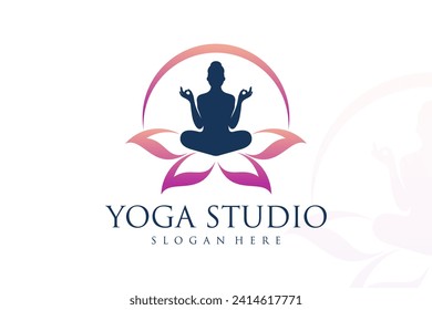 Human Yoga With Lotus Logo Design Template . Yoga , Zen , Spa and Meditation logos ,icons and elements . Vector illustration .