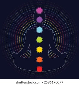 Human in yoga pose with chakras, crown chakra, lotus meditation, meditating, Silhouette of Person in yoga lotus asana on dark blue  background