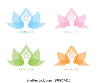 Human yoga shape in abstract lotus symbol. Vector illustration. Relax concept, Logo and icon template design