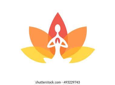 Human yoga shape in abstract lotus symbol. Vector illustration. Relax concept, Logo and icon template design on a white background