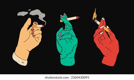 Human, zombie, demon or satan hand holding cigarettes. Hand drawn modern Vector illustration. Halloween, smoking concept. Poster, print, design templates, tattoo idea. Every hand is isolated svg