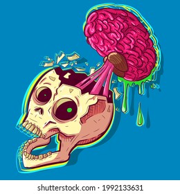 Human zombie skull with a pink brain sticking out of his head and melting. Hip hop wall art and tattoo inspired by graffiti for Halloween. Modern neon background with a cracked cranium.