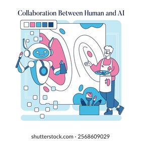 Human-AI Collaboration concept. An artist and a robot partner up in painting, blending traditional creativity with modern technology. Vector illustration.