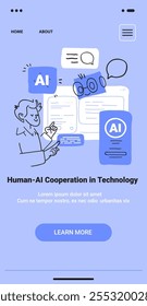 Human-AI Kooperation Technologie Konzept Person interagiert mit AI Elemente Sprechblasen blau minimalistische Website-Design