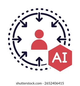 Ícone de IA centrado no ser humano - Pessoas com sistemas de IA que representam a tecnologia projetada para o bem-estar humano, a inclusão e o impacto ético. Ilustração de vetor plano.