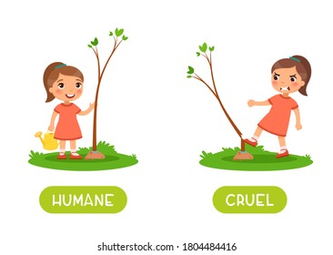 Humane und grausame Antonyme Wort-Karte Vektor-Vorlage. Gegenkonzept. Flashcard für das Englischlernen. Kleines Mädchen pflanzte einen Baum, ein wütendes Kind bricht die Pflanze.