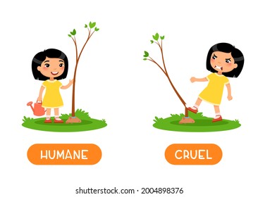 Humane and cruel antonyms word card, opposites concept. Flashcard for English language learning. Little Asian girl planted a tree, an angry child breaks the plant.