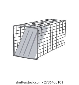 Humane live animal cage trap vector showing wire mesh enclosure with gray trigger mechanism, for safe capture, control and removal of small pests and wildlife, isolated on white