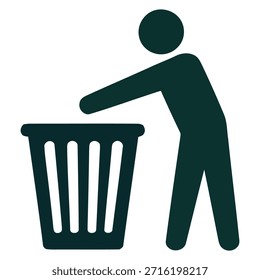 Icono de la figura humana que tira los desechos a un cubo de basura que simboliza la eliminación o el reciclaje y el cuidado del medio ambiente