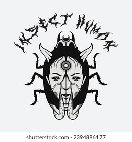 Human-insect hybrid T-shirt design: Vector illustration featuring a blend of a woman's face with an insect. Perfect for t-shirt printing, posters, stickers, wallpapers, and more.