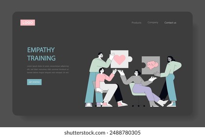 Humanistic Psychology concept. A group of people engaging in empathy training using puzzle pieces with heart and brain symbols. Vector illustration.