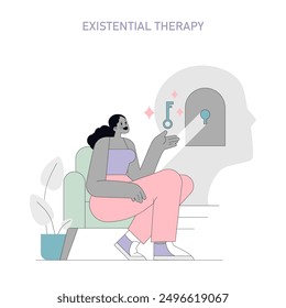 Humanistic Psychology concept. Illustration of existential therapy with a woman holding a key to unlock the mind. Personal growth and self-awareness focus. Vector illustration.