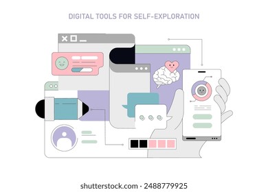 Humanistic Psychology concept. Interfaces and icons depict digital analysis for personal growth and emotional well-being. Vector illustration.