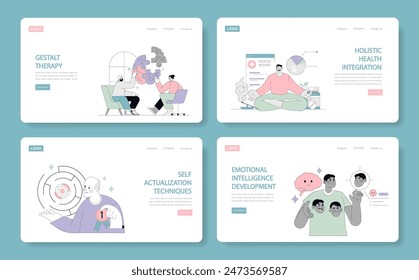 Humanistic psychology concept set. Four illustrations depicting self-growth therapies and wellness strategies for mental health. Vector illustration.