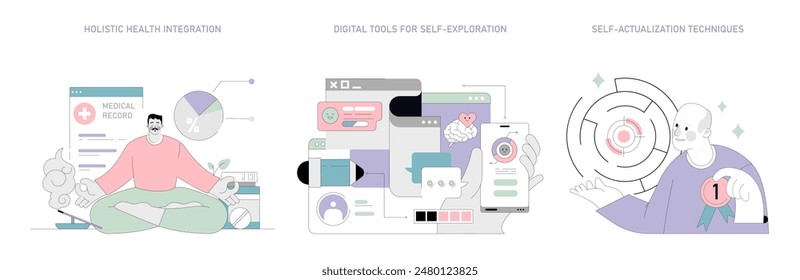 Humanistic Psychology concept set. Wellness through holistic health, digital self-exploration tools, and self-actualization methods. Vector illustration.