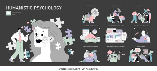 Humanistic Psychology set. Exploration of self-growth, emotional intelligence, and holistic therapy. Personal development and well-being strategies. Vector illustration.