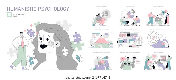 Humanistic Psychology set. Illustrations depicting therapy, self-growth, and emotional intelligence. Existential to digital self-help techniques. Vector illustration.