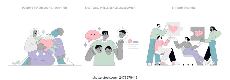 Humanistic Psychology set. Integration of positive psychology, development of emotional intelligence, and training in empathy. Vector illustration.