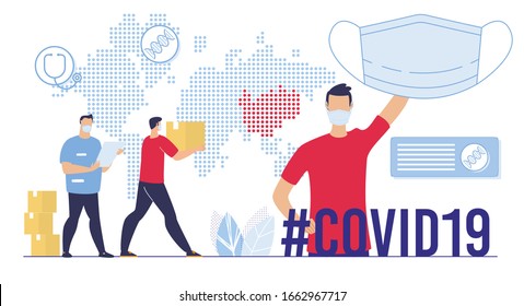 Humanitarian Aid for Affected by Coronavirus Epidemic Territory, Export in Special Protection and Masks, International Support for China Concept. Worker Carrying Cardboard Box Flat Vector Illustration