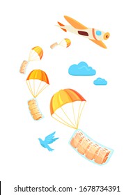Humanitarian aid arriving by plane during coronavirus pandemic. Toilet paper airdropping with parachute. Urgent relief supplies during deficit crisis. Dove and clouds. Ironical flat illustration.
	
