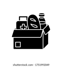 Humanitarian Aid Black Glyph Icon. Food Bank. Free Groceries To Donate. Social Service. Support Homeless. Contribution For Poor. Silhouette Symbol On White Space. Vector Isolated Illustration