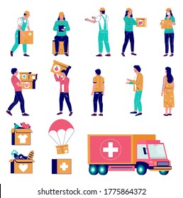 Humanitarian Aid Characters, Vector Flat Isolated Illustration. Volunteers, Needy People, Donation Boxes With Food, Clothing Medical Supplies, Humanitarian Aid Truck. Social Support, Volunteering.