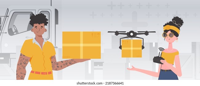 Humanitarian aid concept. The drone is transporting the parcel. Man and woman with cardboard boxes. Vector.