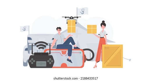 Humanitarian aid concept. The drone is transporting the parcel. Man and woman with cardboard boxes. Vector illustration.