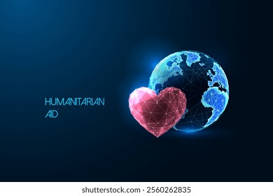 Humanitarian aid concept with glowing globe and heart in low-poly style on dark blue background. Global support, charity, assistance, and care. Abstract futuristic vector illustration for nonprofit