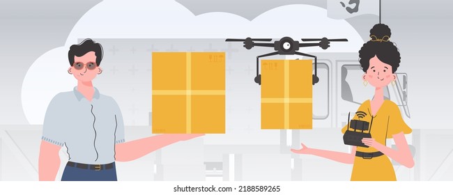 Humanitarian aid concept. The quadcopter is transporting the parcel. Man and woman with cardboard boxes. Flat modern design. Vector.