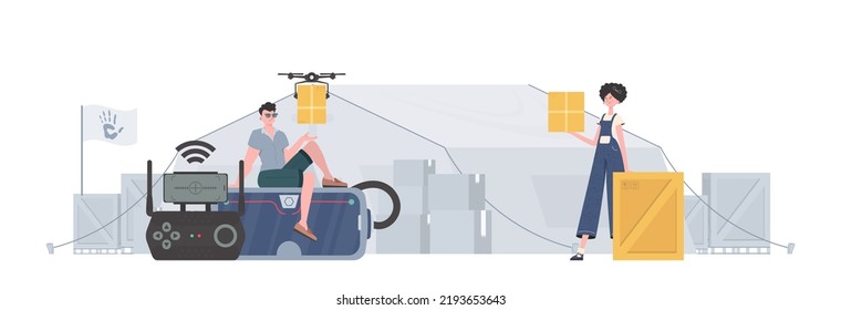 Humanitarian aid concept. The quadcopter is transporting the parcel. Man and woman with cardboard boxes. trendy style. Vector.